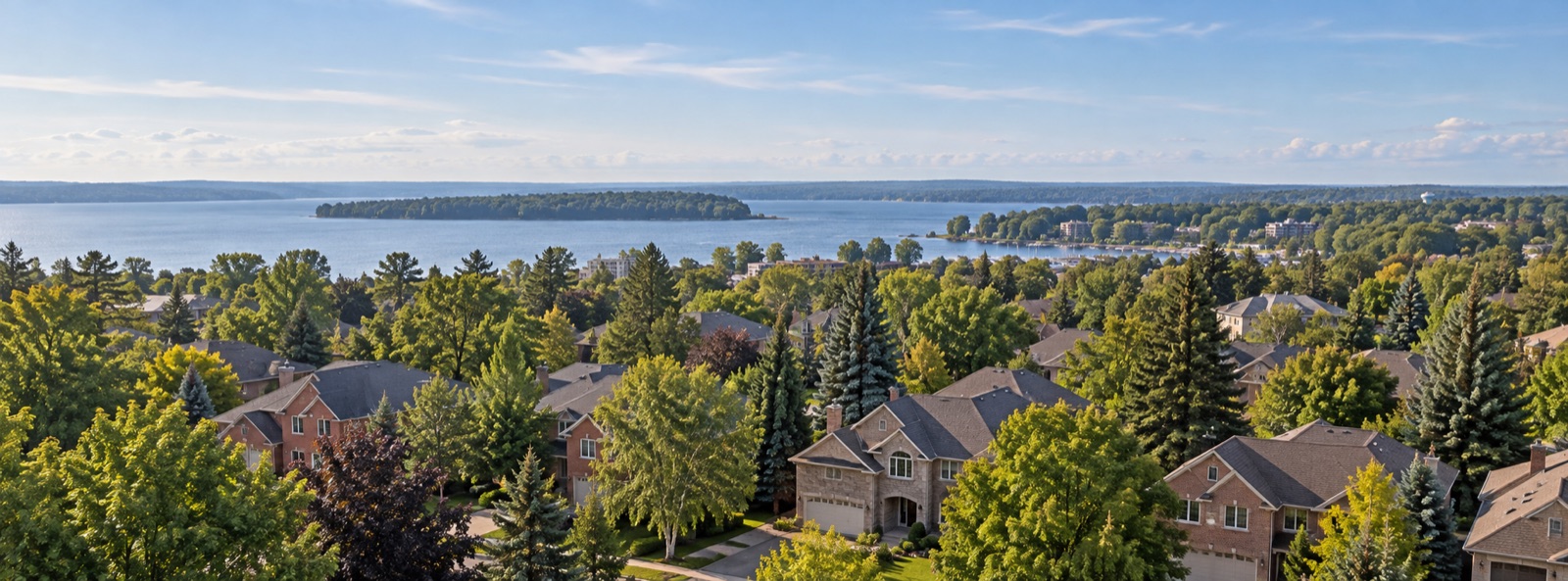 Illustrative Ontario homes among mature trees with a lake in the distance.